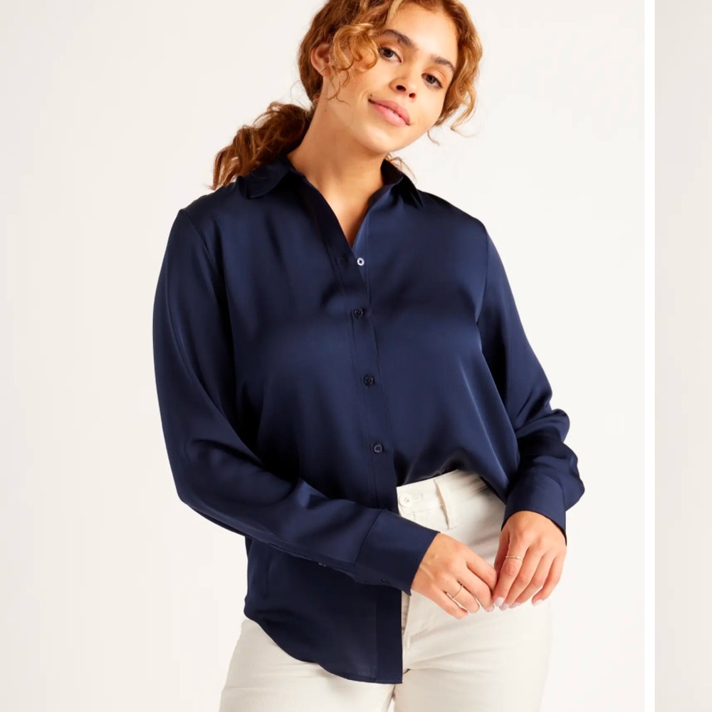 Quince Washable Stretch Silk Blouse (Navy Size S)